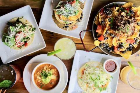 A collection of plated food, seen from above