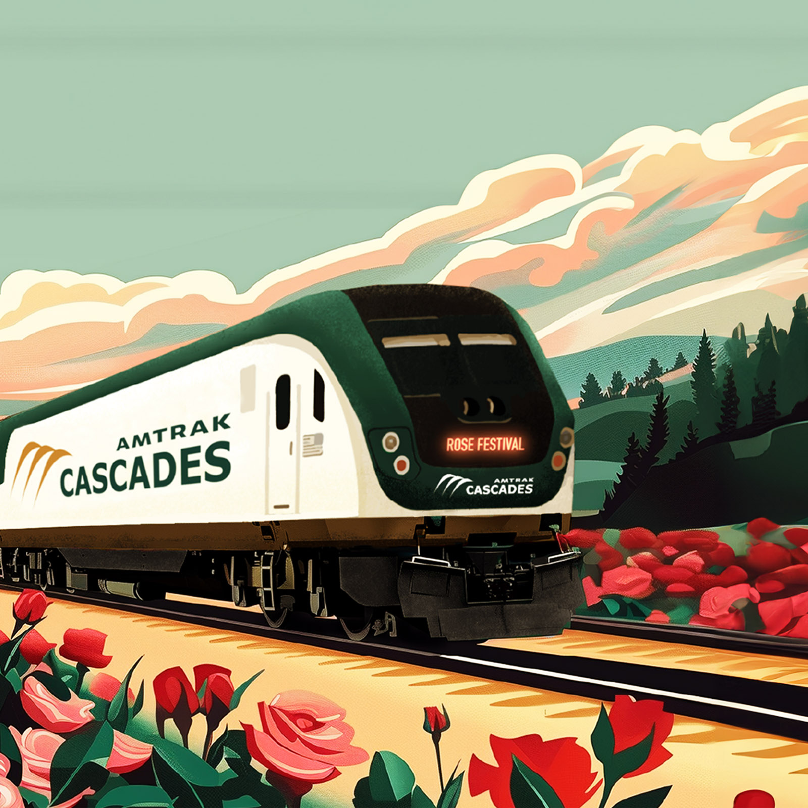 Illustration of an Amtrak Cascades train in a field of roses with 'Rose Festival' on the front